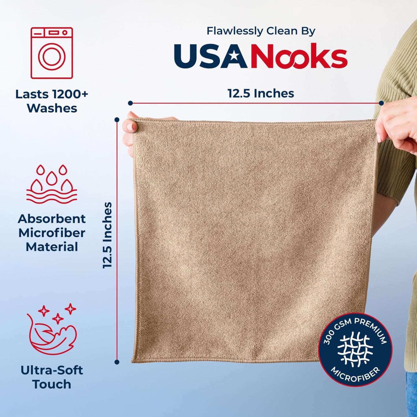 USANOOKS Microfiber Cleaning Cloth Grey - 12 Pcs (12.5"x12.5") - High Performance - 1200 Washes, Ultra Absorbent Microfiber Towel Weave Grime & Liquid for Streak-Free Mirror Shine - Car Washing Cloth