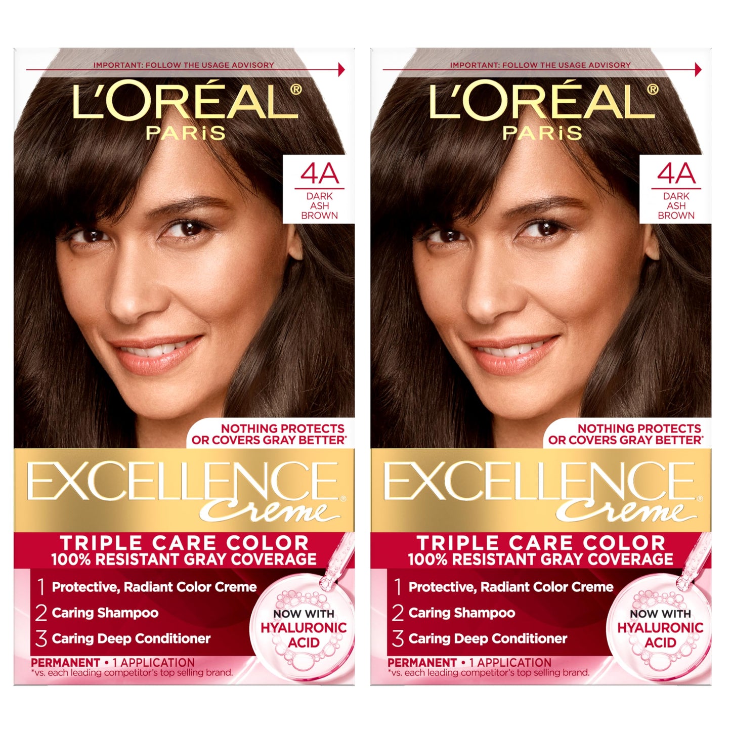 L'Oreal Paris Excellence Crème Permanent Hair Dye, Triple Care Hair Color with Hyaluronic Acid for 100% Gray Coverage, 4 Dark Brown, 1 Kit (Packaging May Vary)