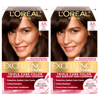 L'Oreal Paris Excellence Crème Permanent Hair Dye, Triple Care Hair Color with Hyaluronic Acid for 100% Gray Coverage, 4 Dark Brown, 1 Kit (Packaging May Vary)