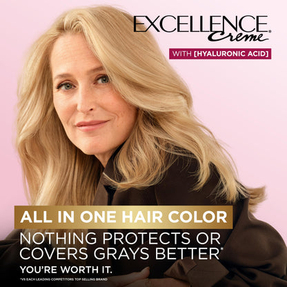 L'Oreal Paris Excellence Crème Permanent Hair Dye, Triple Care Hair Color with Hyaluronic Acid for 100% Gray Coverage, 4 Dark Brown, 1 Kit (Packaging May Vary)