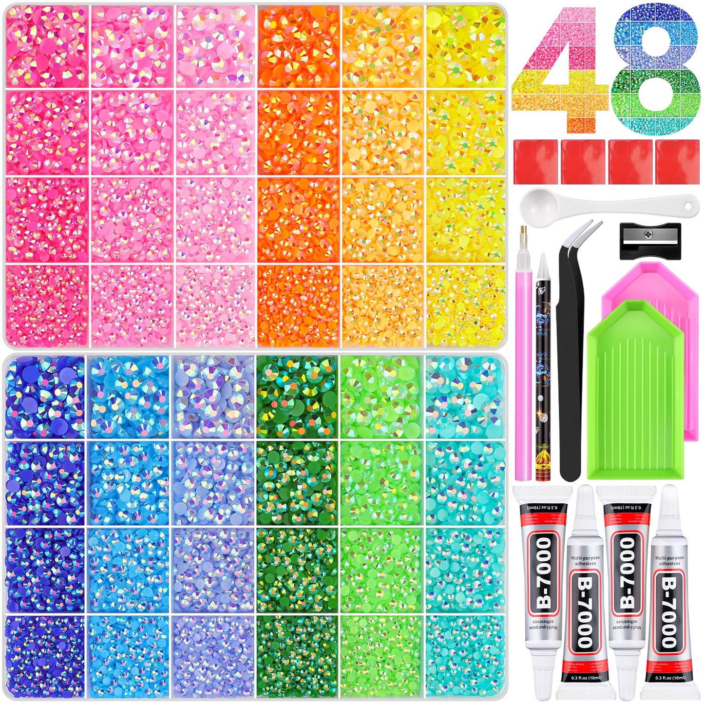 Rainbow Flatback Rhinestones for Crafting and 3PCS B7000 Glue (Set 1), 2 Boxes of 4500 PCS Resin Rhinestones Gems Charms for Bedazzling DIY Crafts Tumblers Shoes Fabric Clothing Nail Art