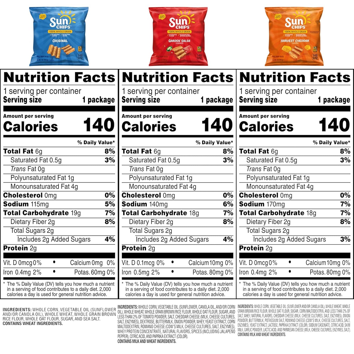 SunChips 100% Whole Grain Chips, Variety Pack, 1 oz Bags, Pack of 40, No Artificial Flavors, Colors