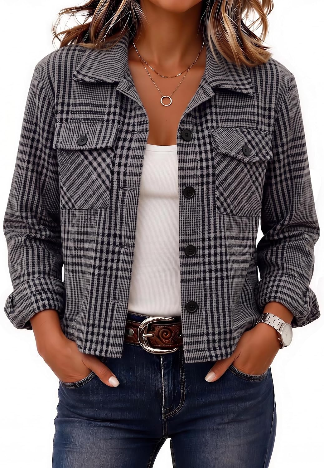 Zeagoo Flannels for Women Cropped Shacket Jacket Fashion Plaid Fall Coat