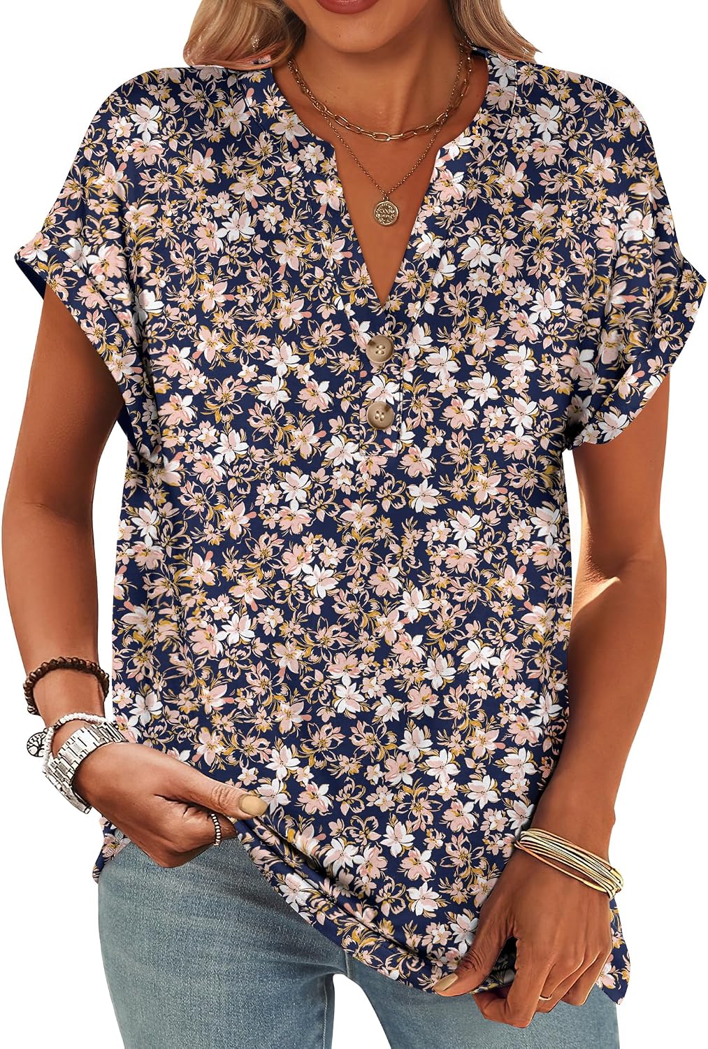 ANRABESS Womens Short Sleeve Henley Tops Summer Shirts Dressy Casual Blouse