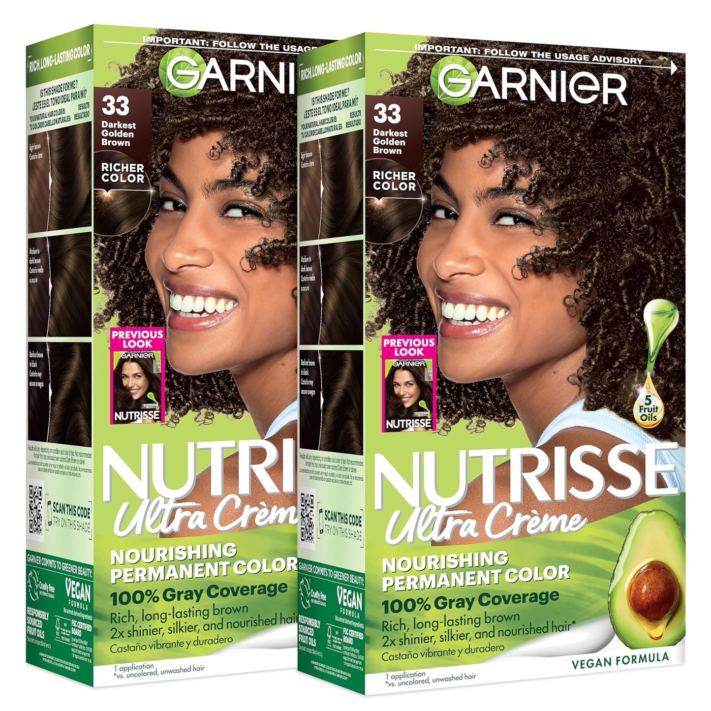 Garnier Nutrisse Ultra Crème Hair Color, Permanent Hair Dye with 100% Gray Coverage, Vegan & Cruelty-Free, 33 Darkest Golden Brown (Caramel Fudge), 1 Count