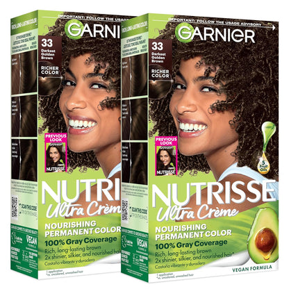 Garnier Nutrisse Ultra Crème Hair Color, Permanent Hair Dye with 100% Gray Coverage, Vegan & Cruelty-Free, 33 Darkest Golden Brown (Caramel Fudge), 1 Count