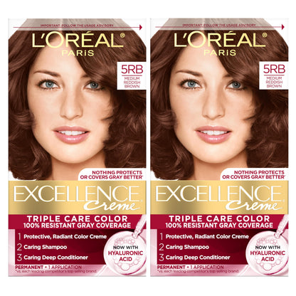 L'Oreal Paris Excellence Crème Permanent Hair Dye, Triple Care Hair Color with Hyaluronic Acid for 100% Gray Coverage, 4 Dark Brown, 1 Kit (Packaging May Vary)