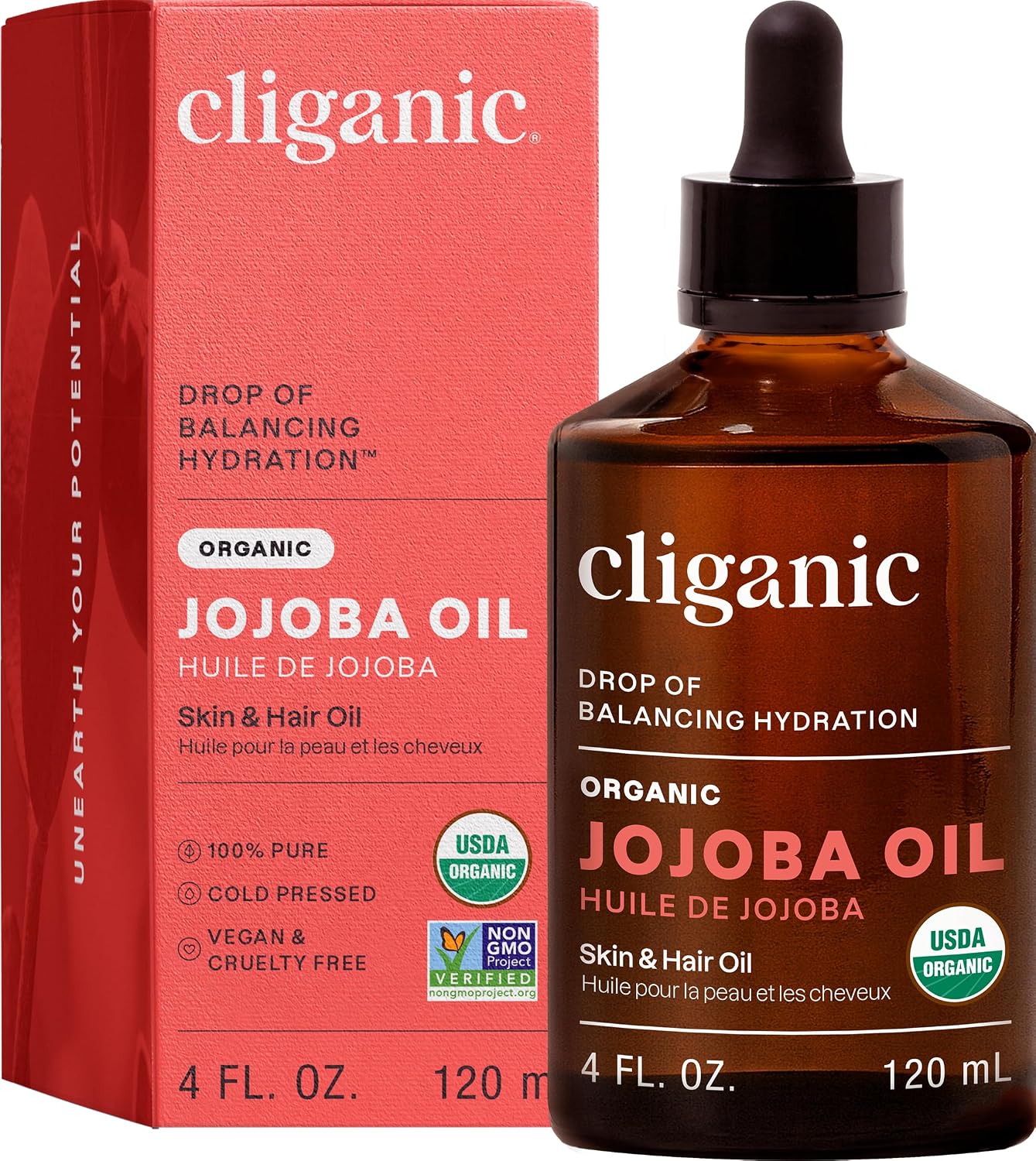 Cliganic Organic Jojoba Oil, 100% Pure Cold Pressed for Face & Hair, 4oz
