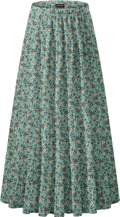 NASHALYLY Women's Chiffon Elastic High Waist Pleated A-Line Maxi Skirts