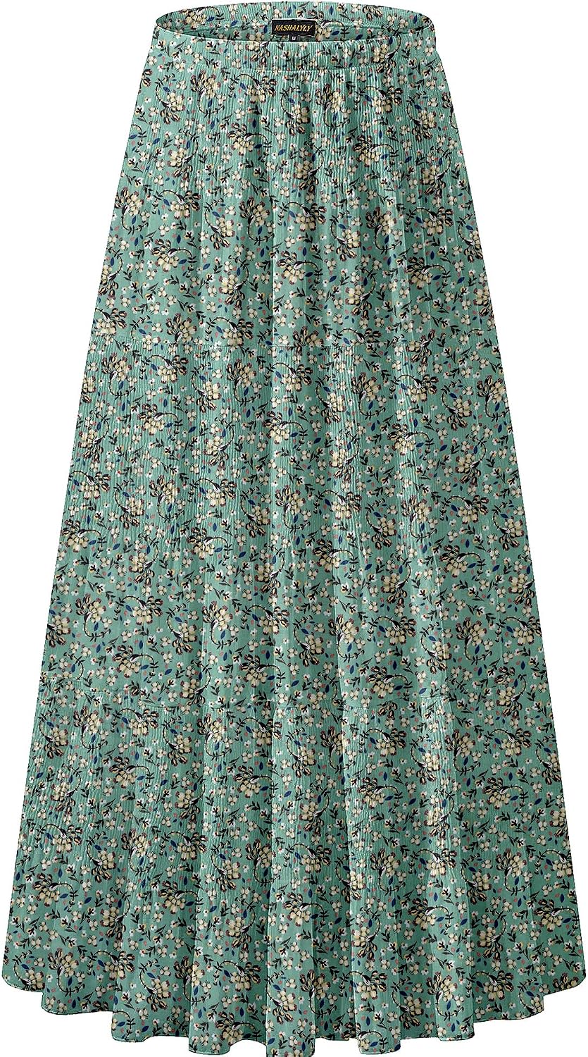 NASHALYLY Women's Chiffon Elastic High Waist Pleated A-Line Maxi Skirts