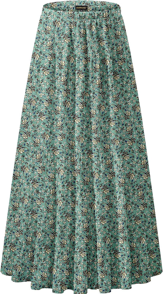 NASHALYLY Women's Chiffon Elastic High Waist Pleated A-Line Maxi Skirts