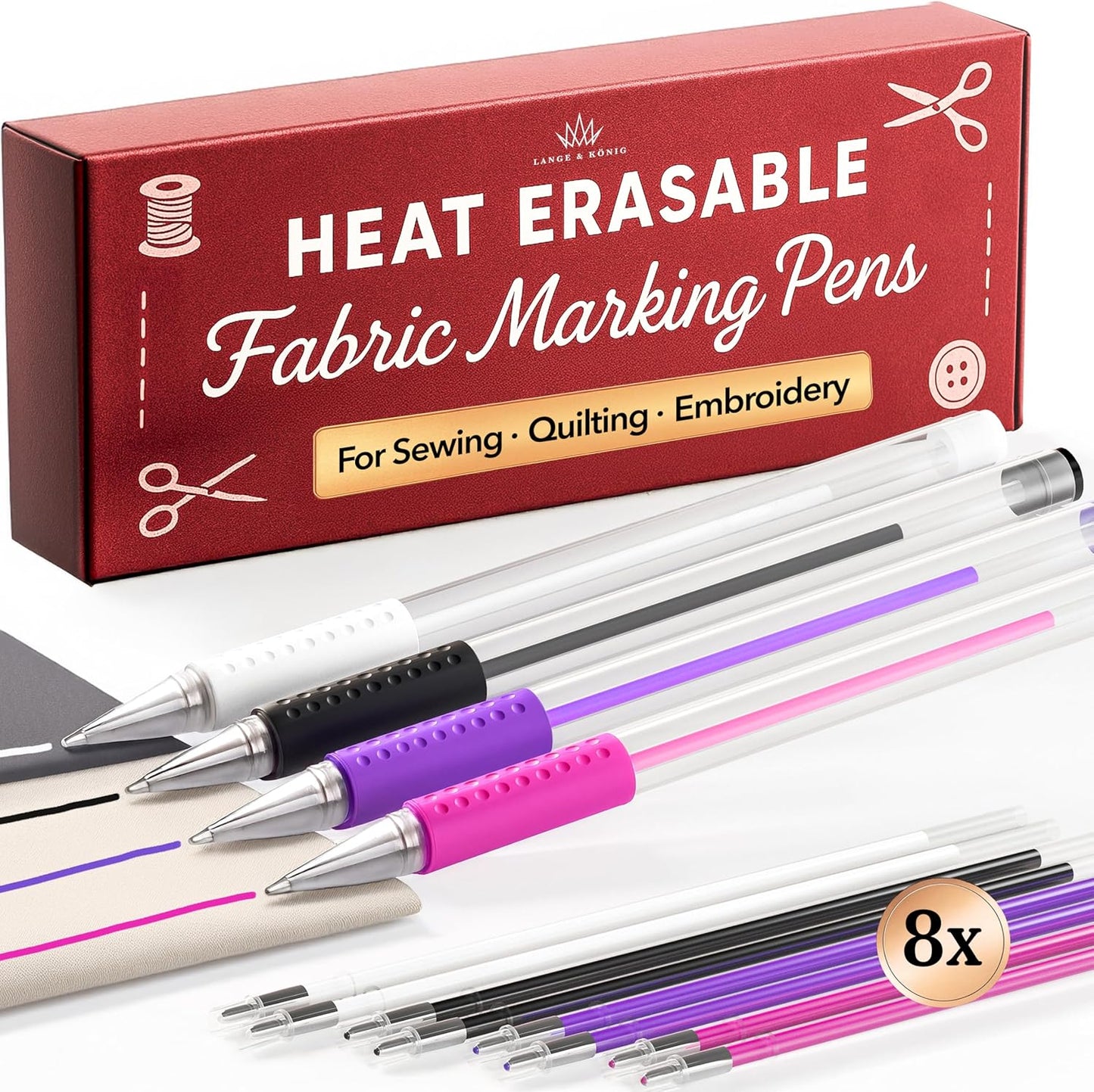 Lange & König 4x Heat Erasable Fabric Marking Pens for Sewing - 4 Pens + 8 Refills - Sewing Supplies Quilting Supplies Table Accessories Embroidery Pen Tailors Chalk Alternative