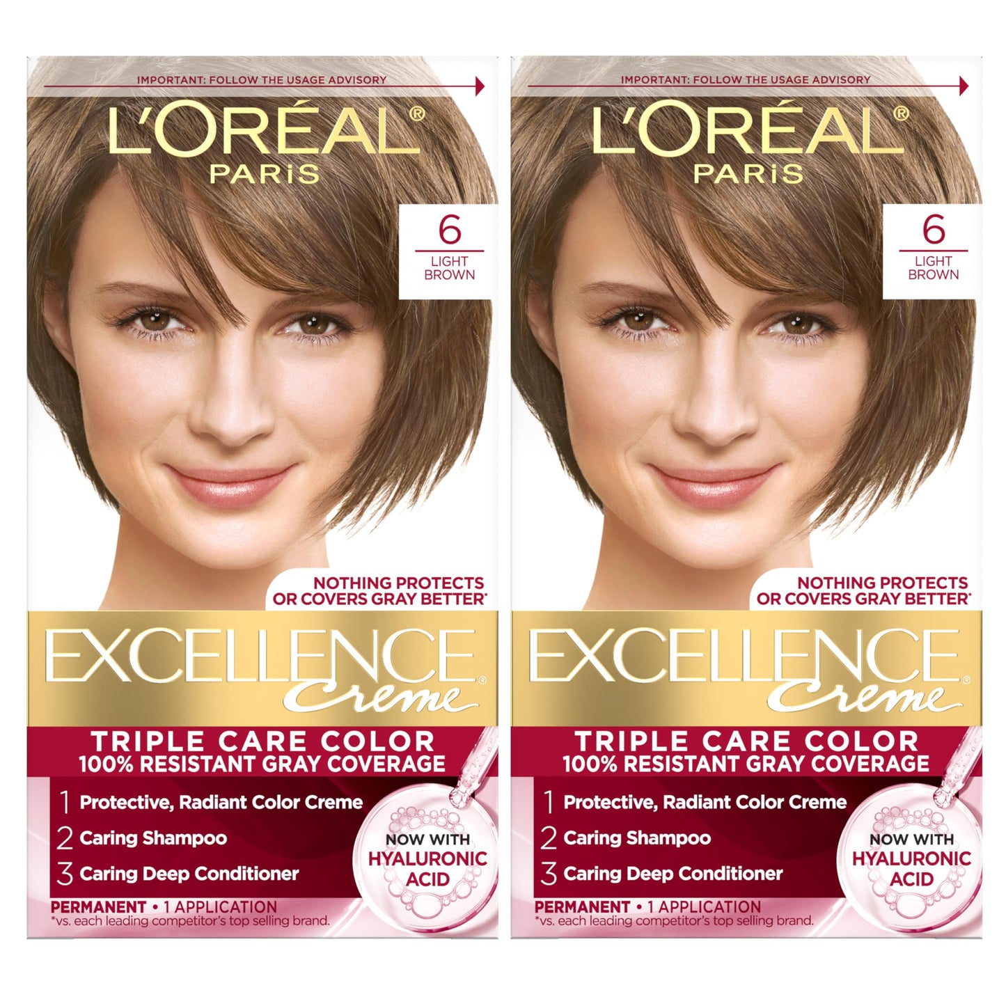 L'Oreal Paris Excellence Crème Permanent Hair Dye, Triple Care Hair Color with Hyaluronic Acid for 100% Gray Coverage, 4 Dark Brown, 1 Kit (Packaging May Vary)