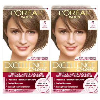 L'Oreal Paris Excellence Crème Permanent Hair Dye, Triple Care Hair Color with Hyaluronic Acid for 100% Gray Coverage, 4 Dark Brown, 1 Kit (Packaging May Vary)