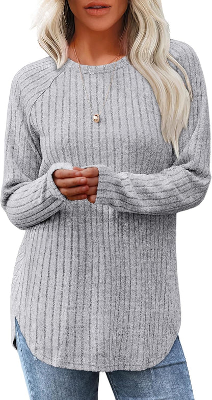 Saloogoe Long Sleeve Shirts for Women 2026 Fall Clothes Tunic Tops Loose Fit Dressy Crewneck Pullover Sweaters Curved Hem