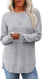 Saloogoe Long Sleeve Shirts for Women 2026 Fall Clothes Tunic Tops Loose Fit Dressy Crewneck Pullover Sweaters Curved Hem