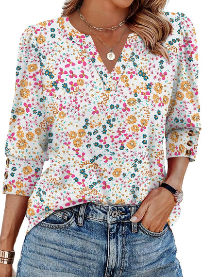 WIHOLL 3/4 Length Sleeve Womens Tops with Button Cuffs Dressy Casual V Neck Summer Outfits Early Fall Fashion Spring Clothes