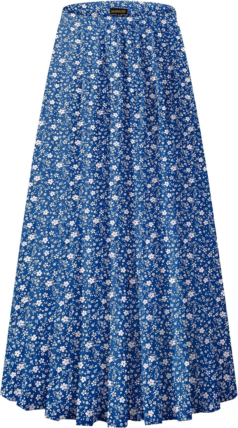 NASHALYLY Women's Chiffon Elastic High Waist Pleated A-Line Maxi Skirts