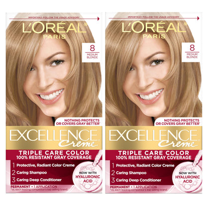 L'Oreal Paris Excellence Crème Permanent Hair Dye, Triple Care Hair Color with Hyaluronic Acid for 100% Gray Coverage, 4 Dark Brown, 1 Kit (Packaging May Vary)