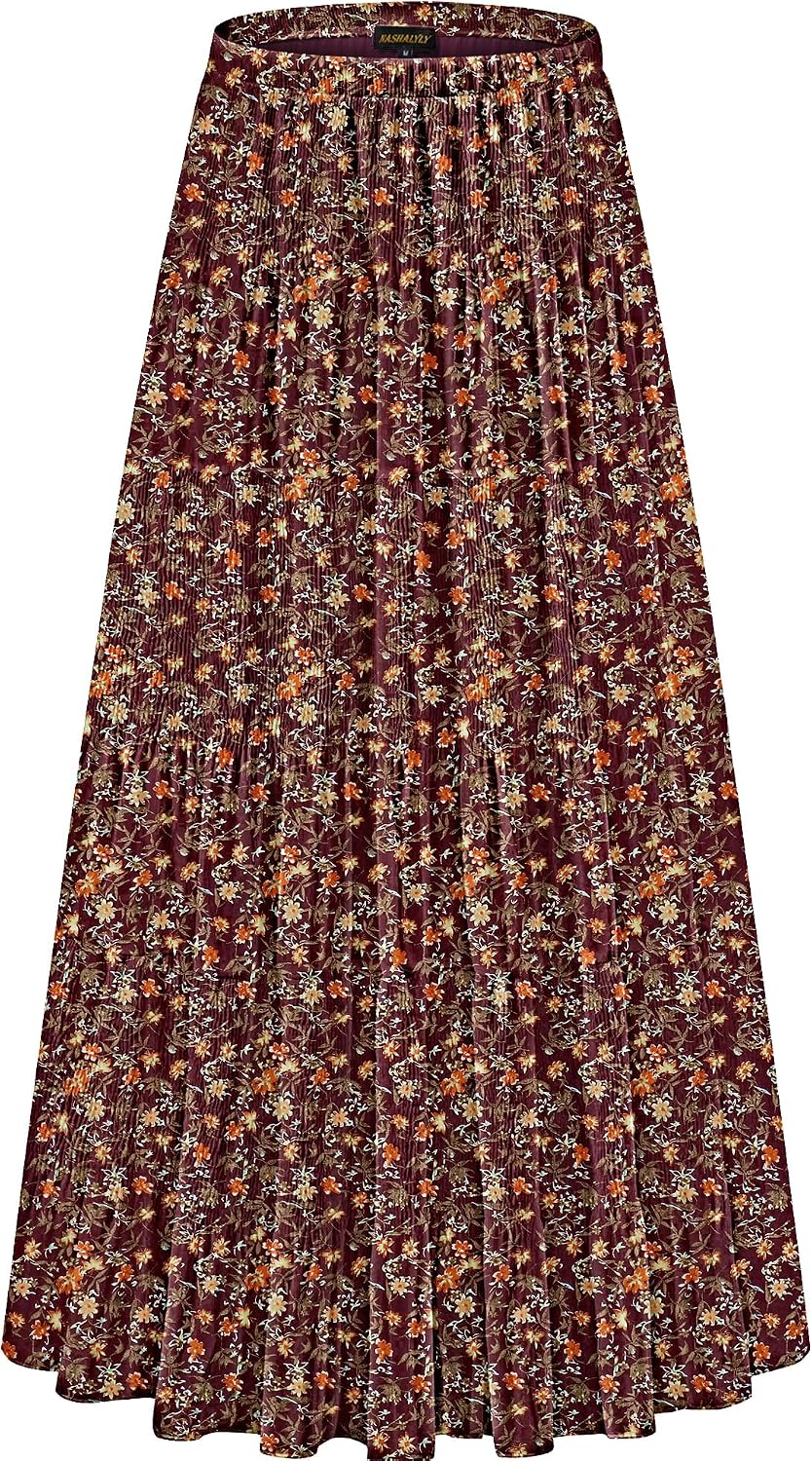NASHALYLY Women's Chiffon Elastic High Waist Pleated A-Line Maxi Skirts