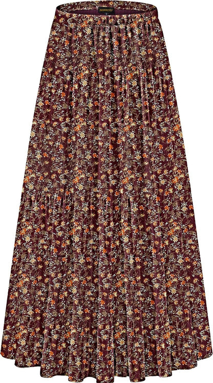 NASHALYLY Women's Chiffon Elastic High Waist Pleated A-Line Maxi Skirts