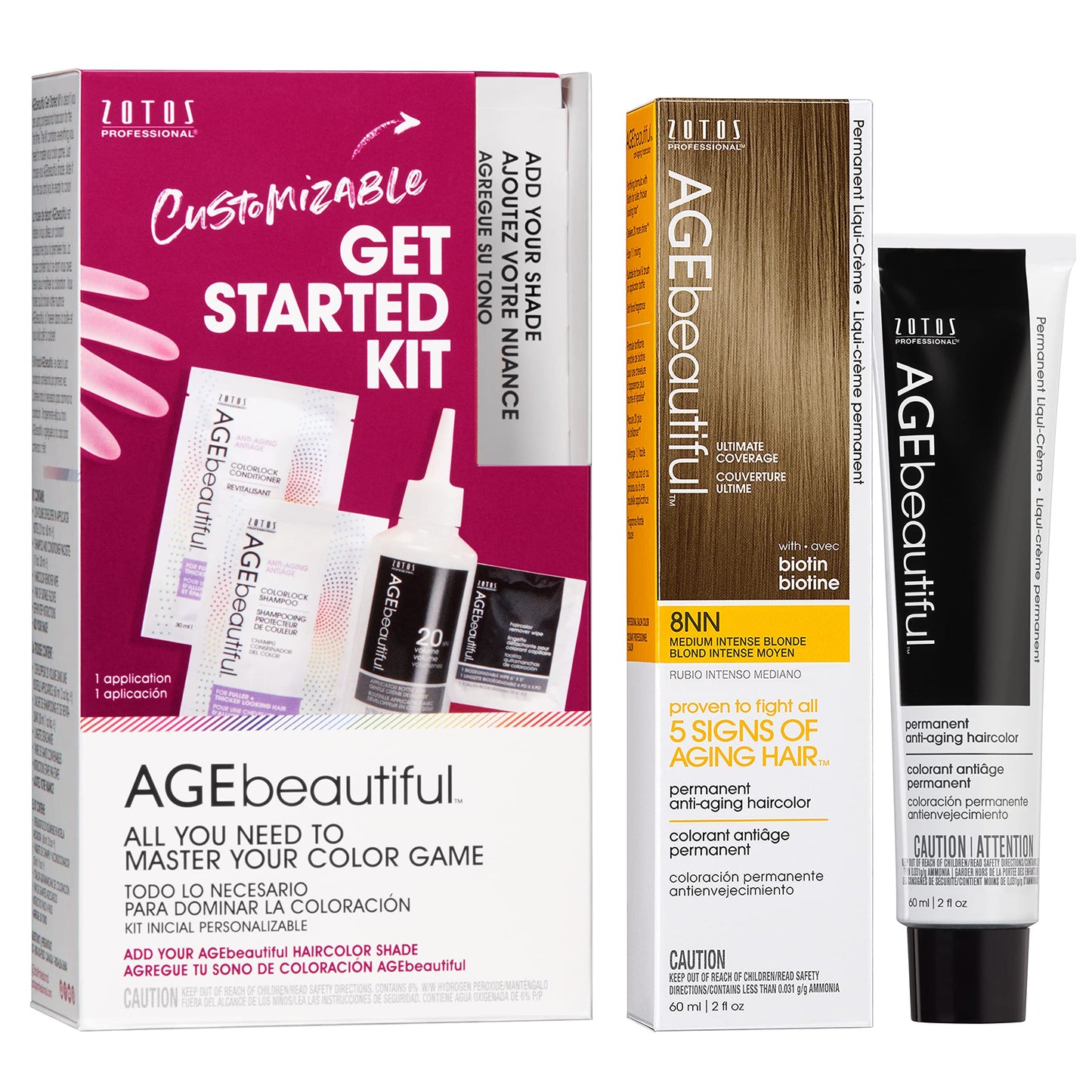 AGE beautiful Permanent Hair Color Cream, 100% Gray Coverage Hair Dye with Biotin Anti-Aging Formula for Fuller, Thicker Hair, Professional Salon Quality