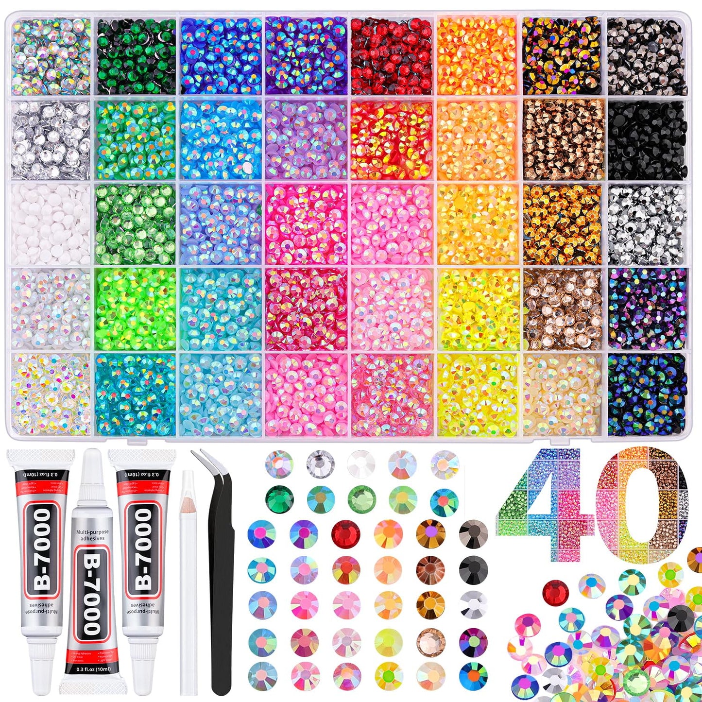Rainbow Flatback Rhinestones for Crafting and 3PCS B7000 Glue (Set 1), 2 Boxes of 4500 PCS Resin Rhinestones Gems Charms for Bedazzling DIY Crafts Tumblers Shoes Fabric Clothing Nail Art