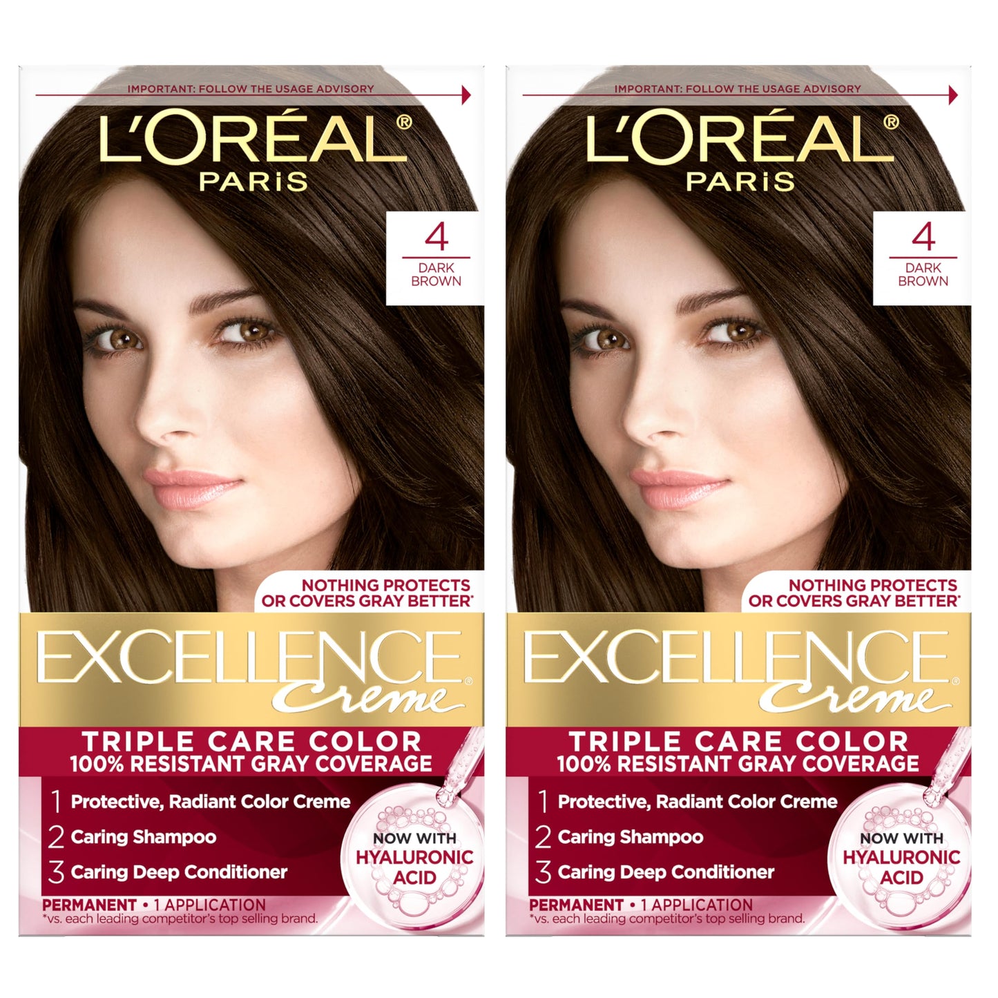 L'Oreal Paris Excellence Crème Permanent Hair Dye, Triple Care Hair Color with Hyaluronic Acid for 100% Gray Coverage, 4 Dark Brown, 1 Kit (Packaging May Vary)