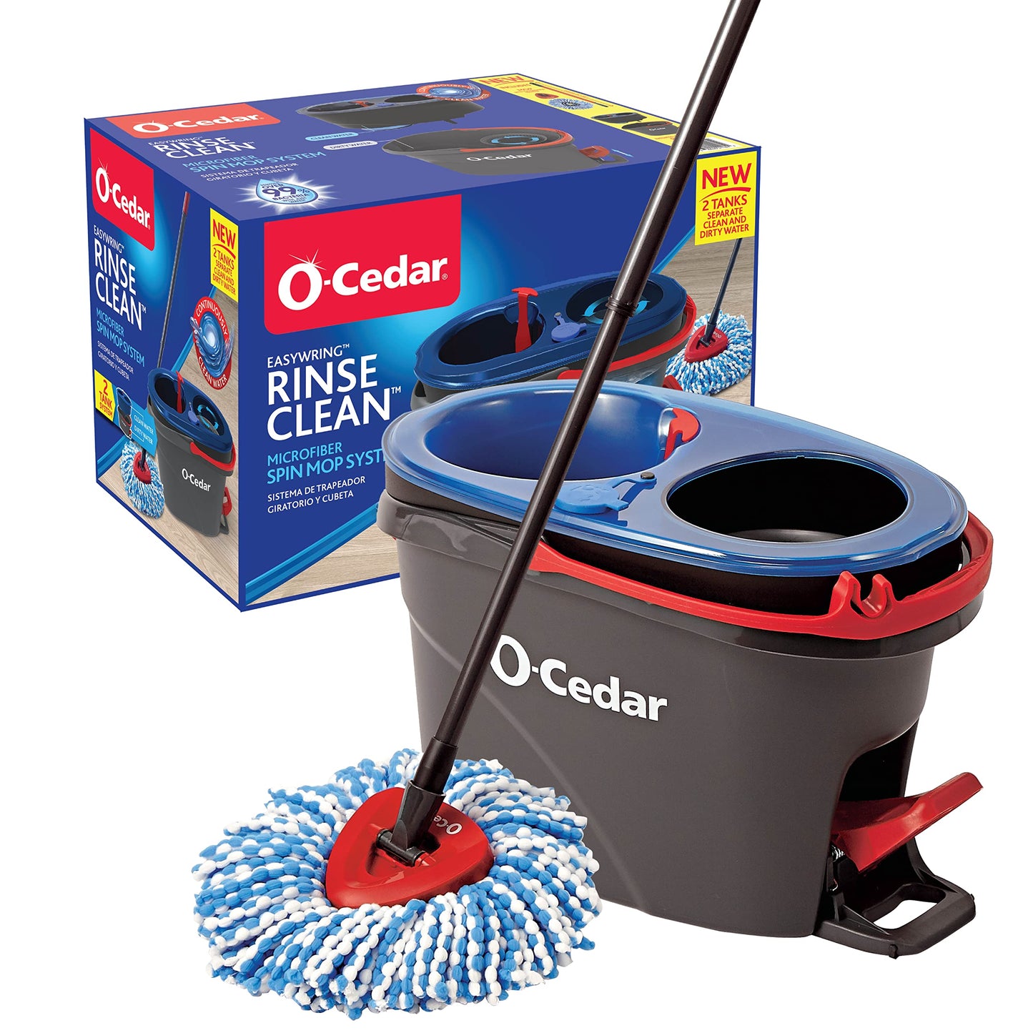 O-Cedar RinseClean Spin Mop & Bucket System + 2 Extra Mop Heads| Clean with Clean Water | Removes 99% of Bacteria