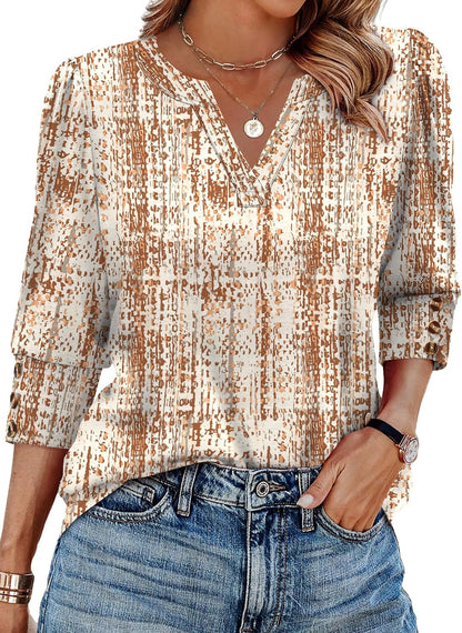 WIHOLL 3/4 Length Sleeve Womens Tops with Button Cuffs Dressy Casual V Neck Summer Outfits Early Fall Fashion Spring Clothes