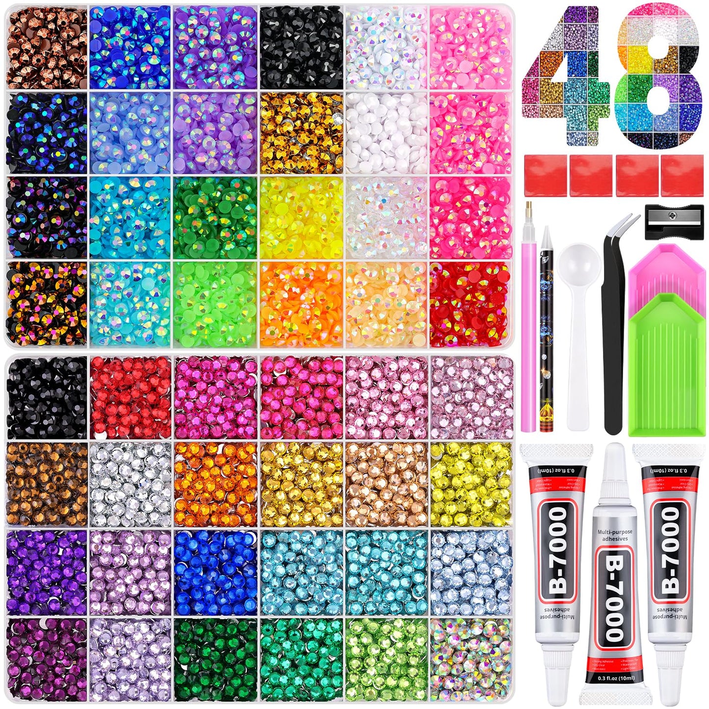 Rainbow Flatback Rhinestones for Crafting and 3PCS B7000 Glue (Set 1), 2 Boxes of 4500 PCS Resin Rhinestones Gems Charms for Bedazzling DIY Crafts Tumblers Shoes Fabric Clothing Nail Art