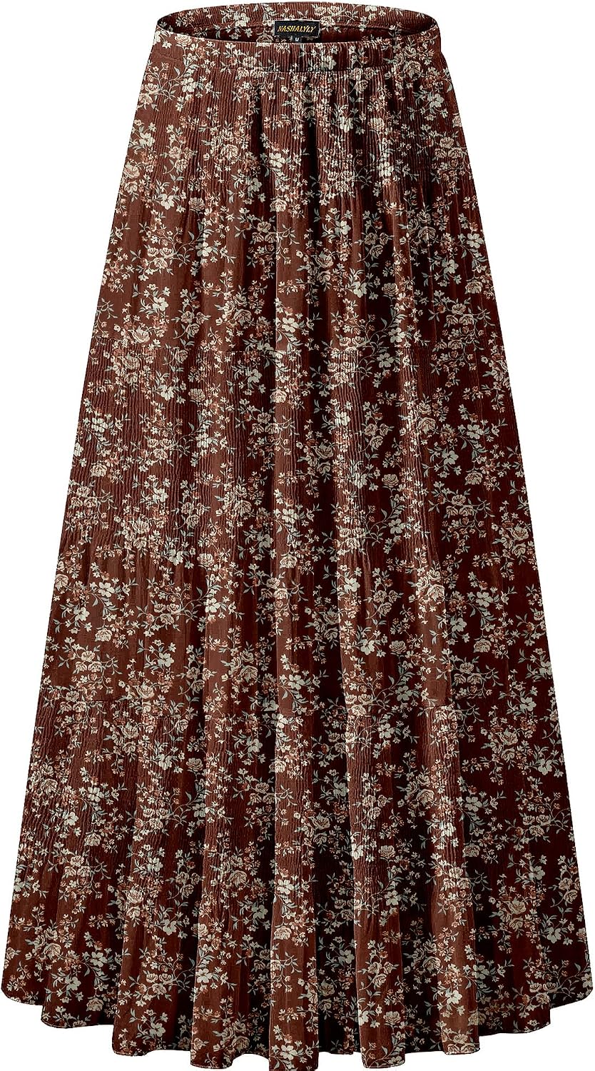 NASHALYLY Women's Chiffon Elastic High Waist Pleated A-Line Maxi Skirts