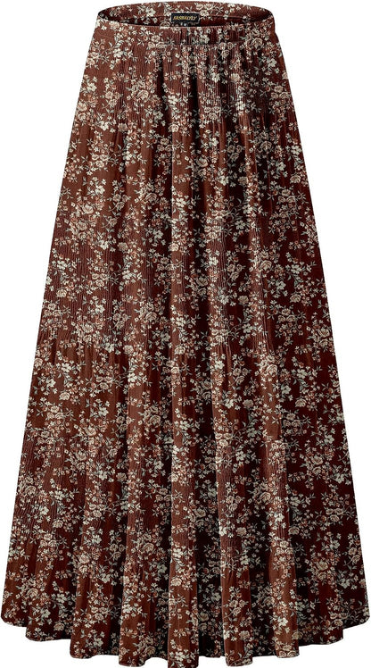 NASHALYLY Women's Chiffon Elastic High Waist Pleated A-Line Maxi Skirts