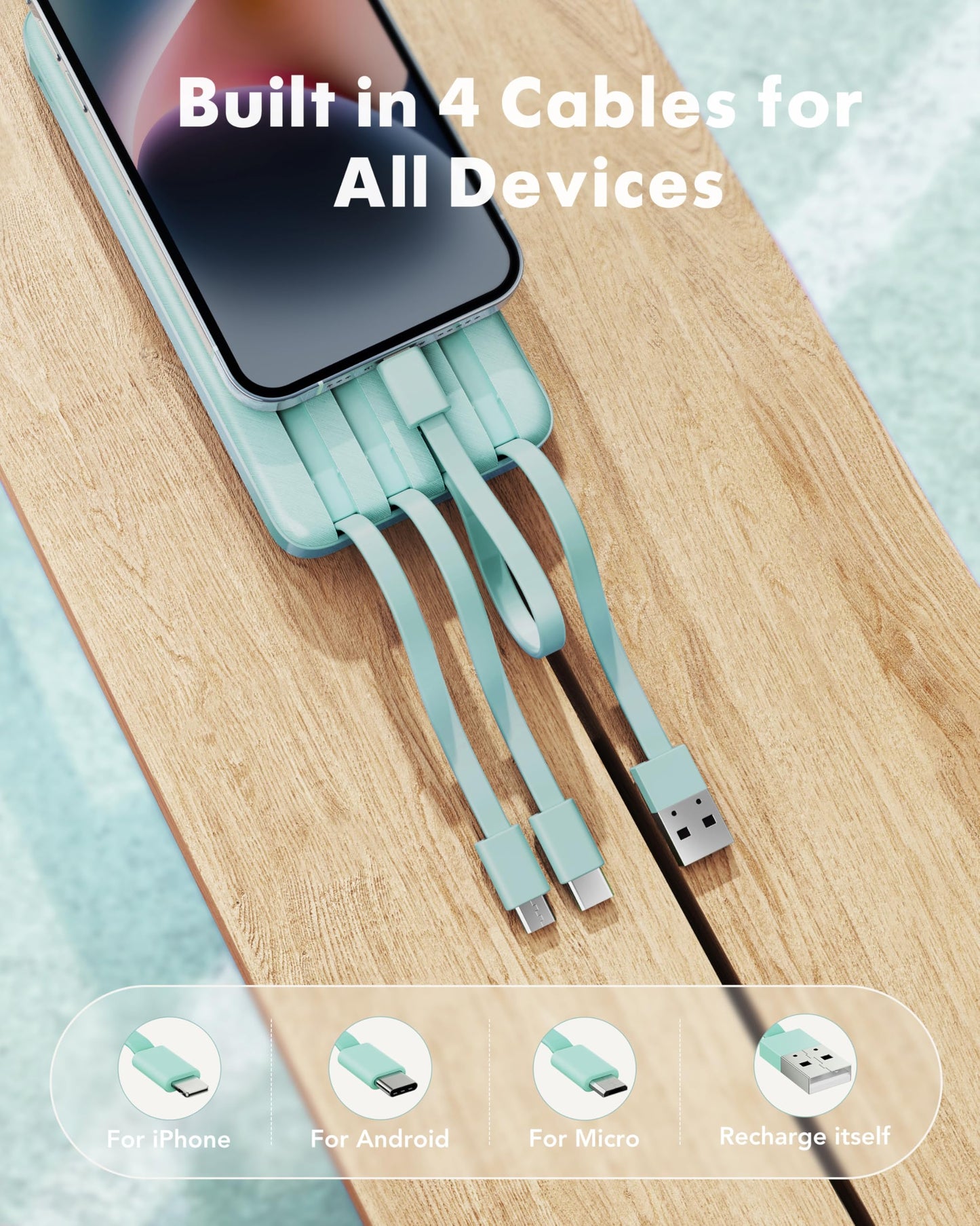 charmast Power Bank Portable Charger with Reinforced Built-in 4 Cables