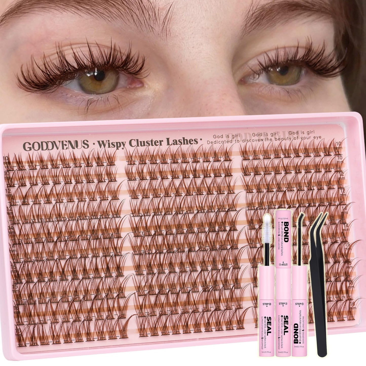 Goddvenus Brown Wispy Eye Lash Clusters Kit Natural Cluster Eyelash Extensions Kit False Eyelash Clusters Fluffy DIY Individual Lash Extensions Kit C Curl
