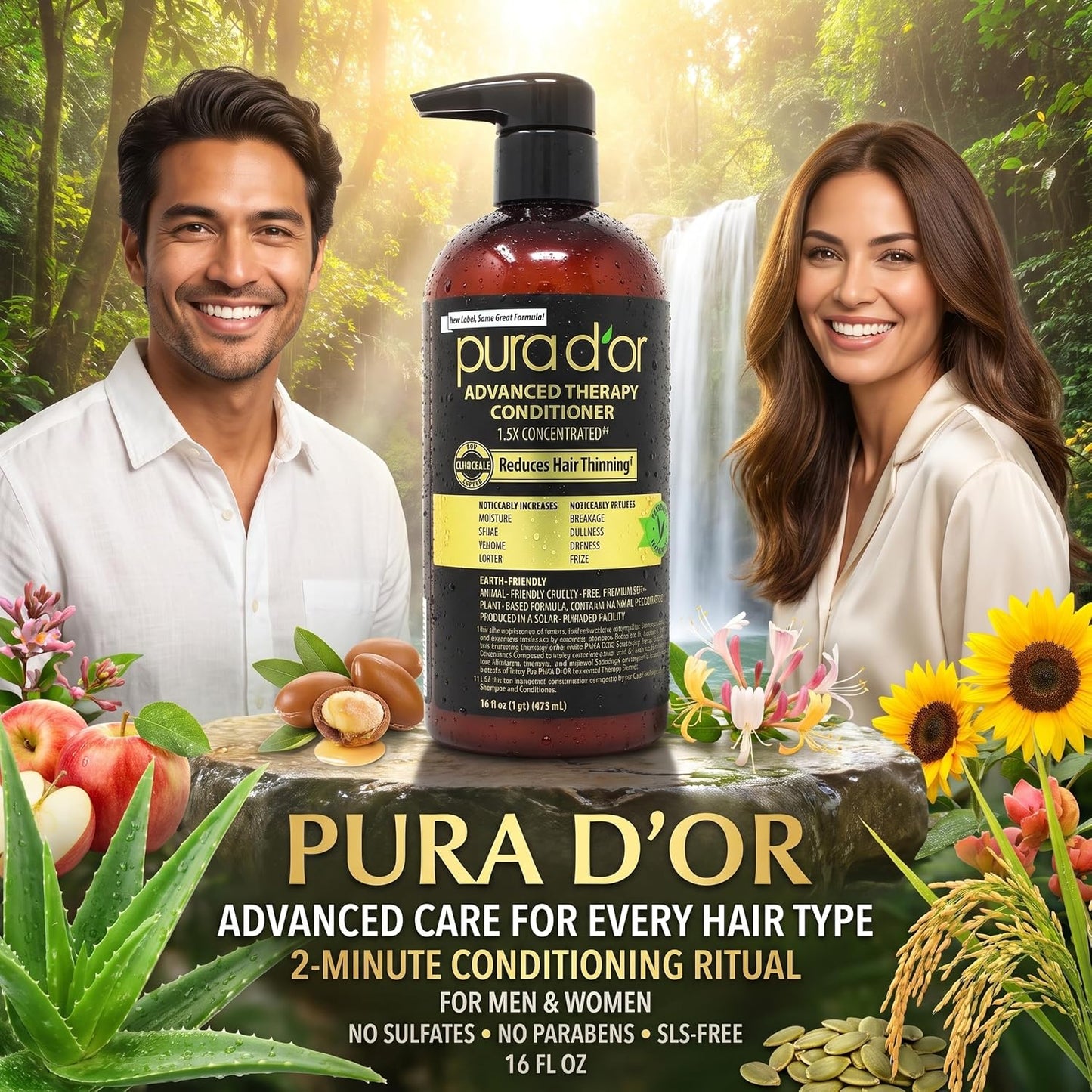 PURA D'OR Deep Moisturizing Biotin Hair Regrwoth Conditioner Thickens, Softens, & Moisturizes Dry, Frizzy, Damaged Hair w/Argan Oil, Pumpkin, Rosemary, Honeysuckle, Vitamin E, Men & Women, 16oz