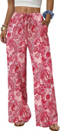 Sampeel Wide Leg Pants for Women Flowy Palazzo Drawstring Elastic Waist Trousers with Pockets Summer Beach Vacation Clothes