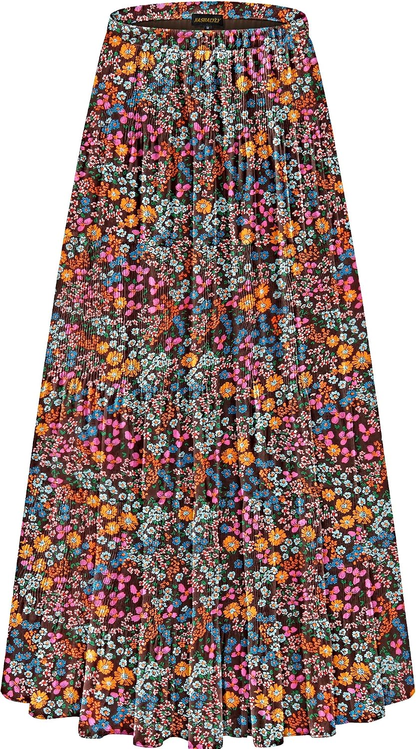 NASHALYLY Women's Chiffon Elastic High Waist Pleated A-Line Maxi Skirts