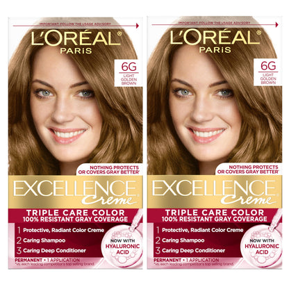 L'Oreal Paris Excellence Crème Permanent Hair Dye, Triple Care Hair Color with Hyaluronic Acid for 100% Gray Coverage, 4 Dark Brown, 1 Kit (Packaging May Vary)