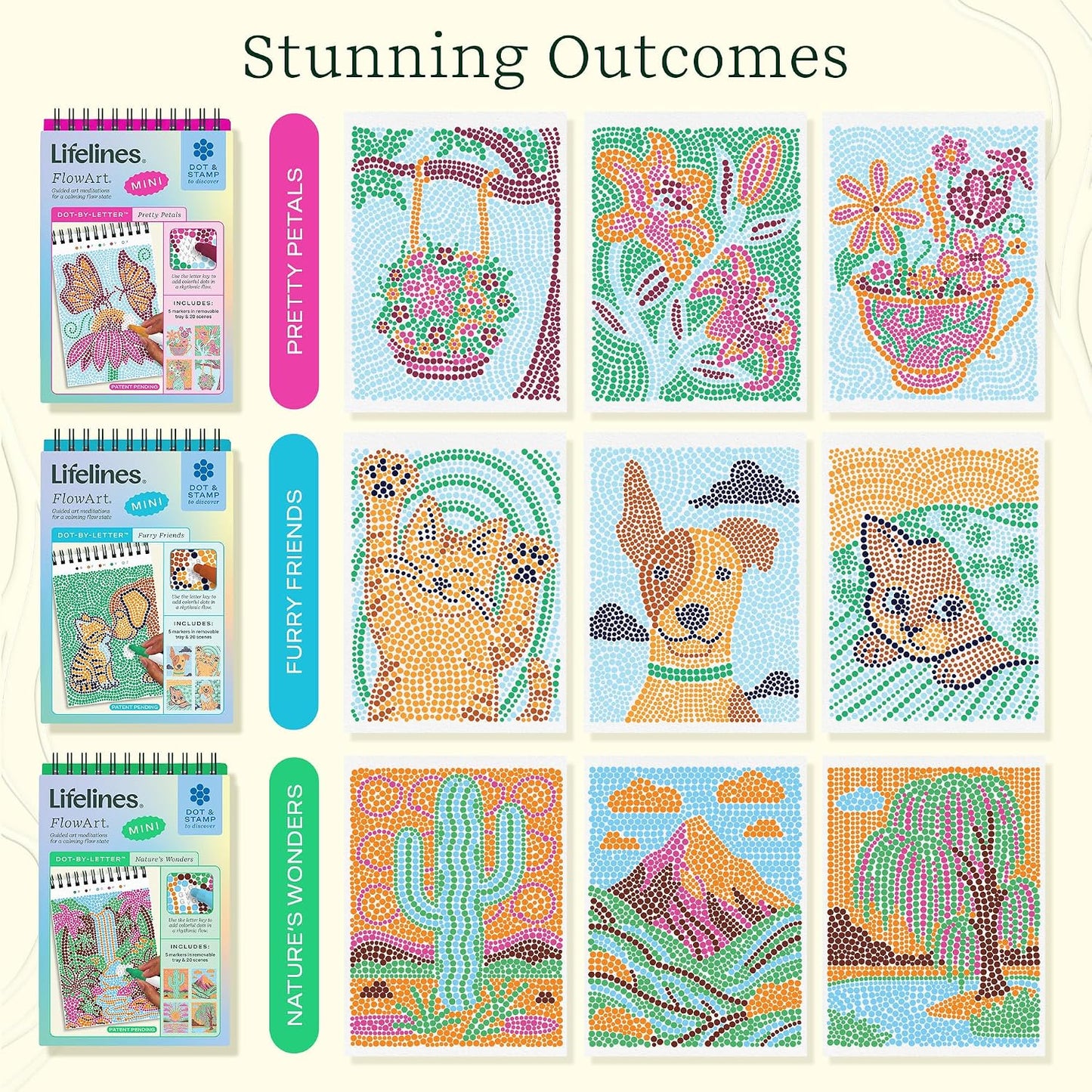 Lifelines FlowArt Mini Activity Pads, 3-Pack, Dot-by-Letter Coloring Books