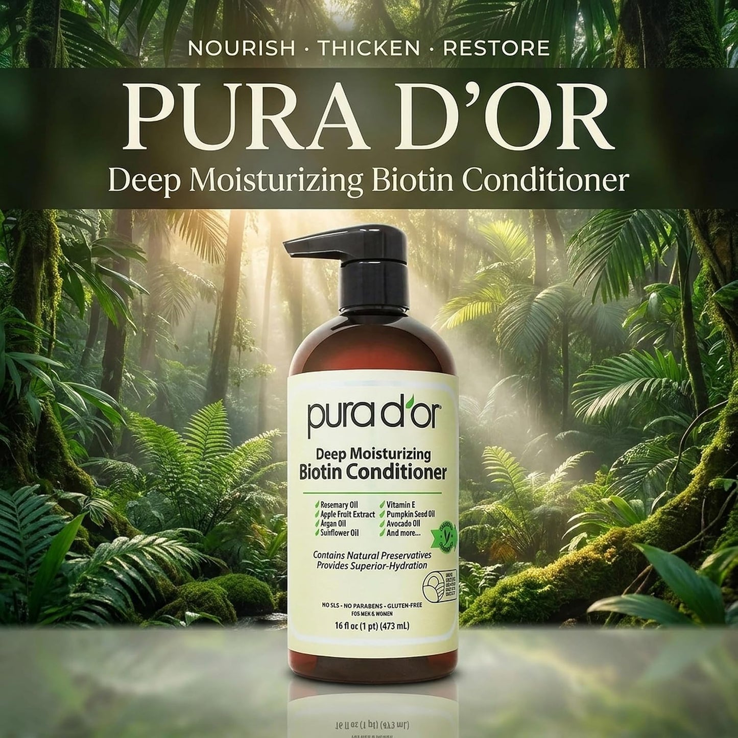 PURA D'OR Deep Moisturizing Biotin Hair Regrwoth Conditioner Thickens, Softens, & Moisturizes Dry, Frizzy, Damaged Hair w/Argan Oil, Pumpkin, Rosemary, Honeysuckle, Vitamin E, Men & Women, 16oz