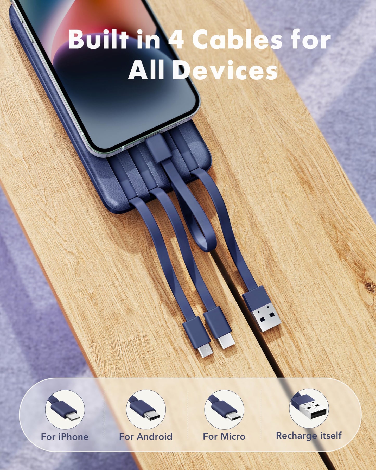 charmast Power Bank Portable Charger with Reinforced Built-in 4 Cables