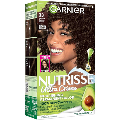 Garnier Nutrisse Ultra Crème Hair Color, Permanent Hair Dye with 100% Gray Coverage, Vegan & Cruelty-Free, 33 Darkest Golden Brown (Caramel Fudge), 1 Count