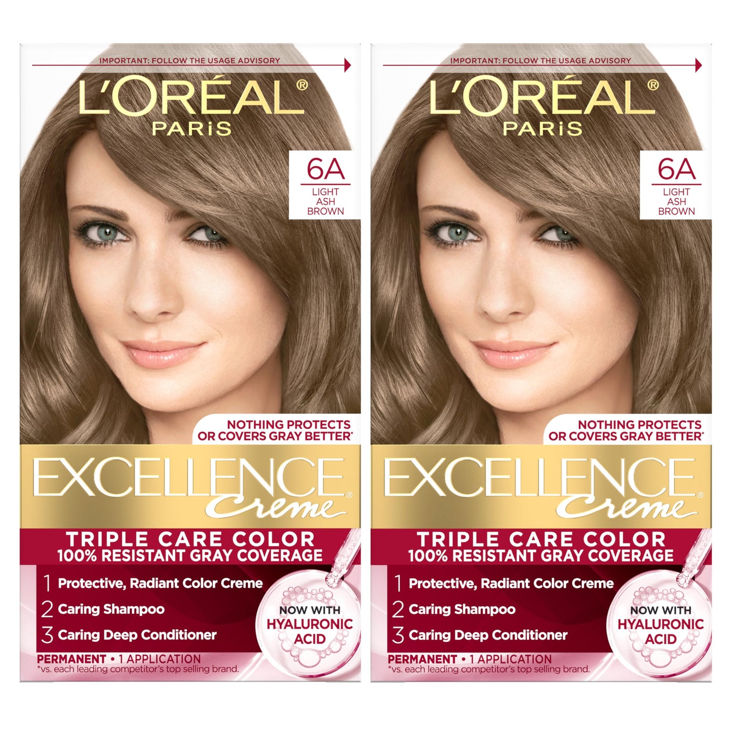 L'Oreal Paris Excellence Crème Permanent Hair Dye, Triple Care Hair Color with Hyaluronic Acid for 100% Gray Coverage, 4 Dark Brown, 1 Kit (Packaging May Vary)