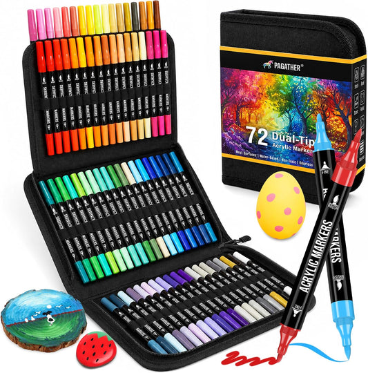 Pagather Acrylic Paint Markers, 72 Colors Dual Tip Fine & Brush Pens Set