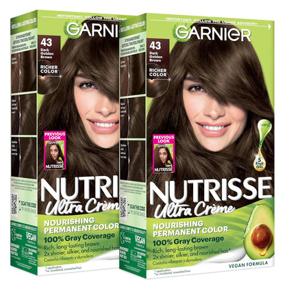 Garnier Nutrisse Ultra Crème Hair Color, Permanent Hair Dye with 100% Gray Coverage, Vegan & Cruelty-Free, 33 Darkest Golden Brown (Caramel Fudge), 1 Count
