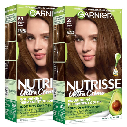 Garnier Nutrisse Ultra Crème Hair Color, Permanent Hair Dye with 100% Gray Coverage, Vegan & Cruelty-Free, 33 Darkest Golden Brown (Caramel Fudge), 1 Count