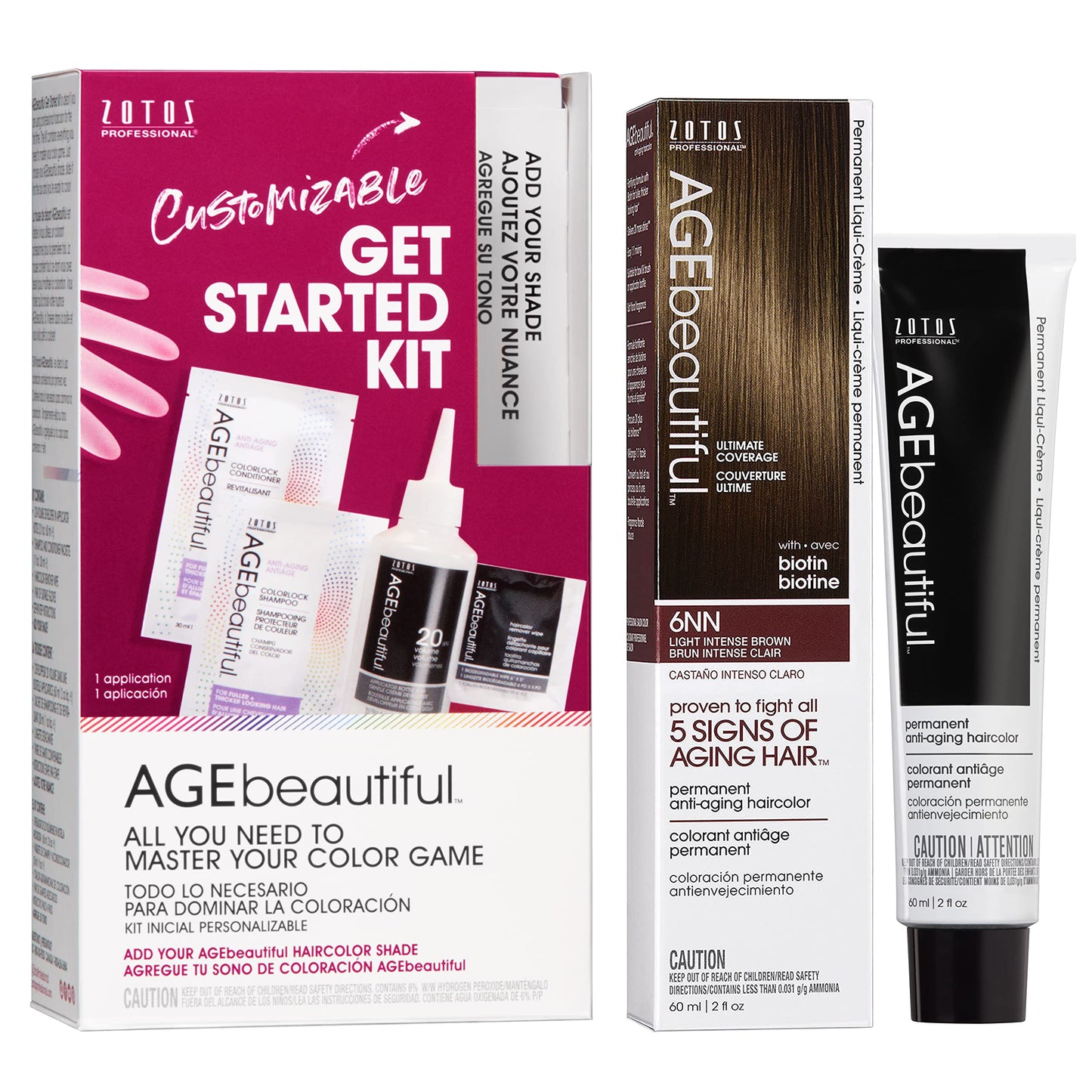 AGE beautiful Permanent Hair Color Cream, 100% Gray Coverage Hair Dye with Biotin Anti-Aging Formula for Fuller, Thicker Hair, Professional Salon Quality