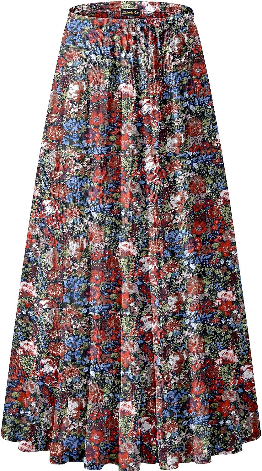 NASHALYLY Women's Chiffon Elastic High Waist Pleated A-Line Maxi Skirts