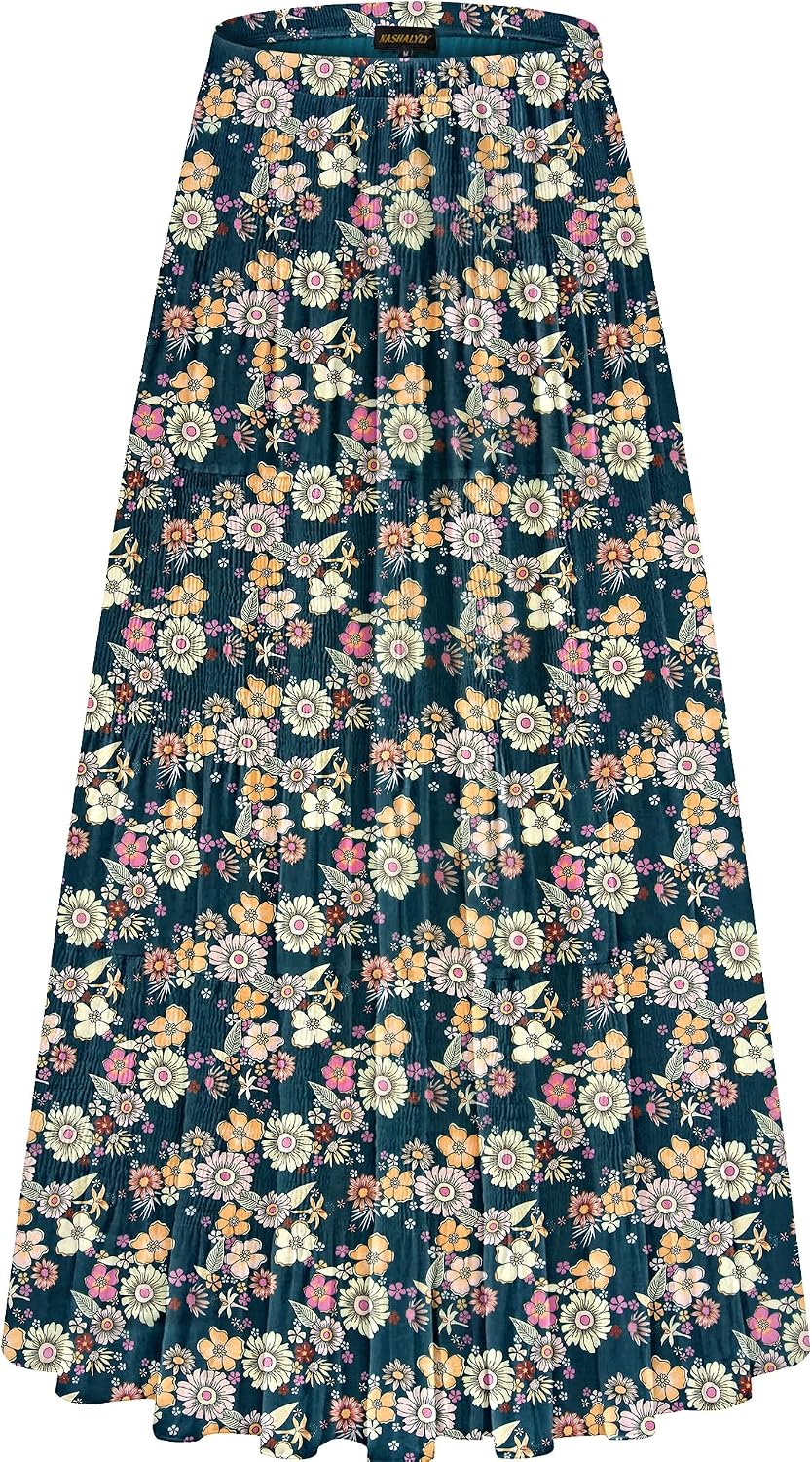 NASHALYLY Women's Chiffon Elastic High Waist Pleated A-Line Maxi Skirts